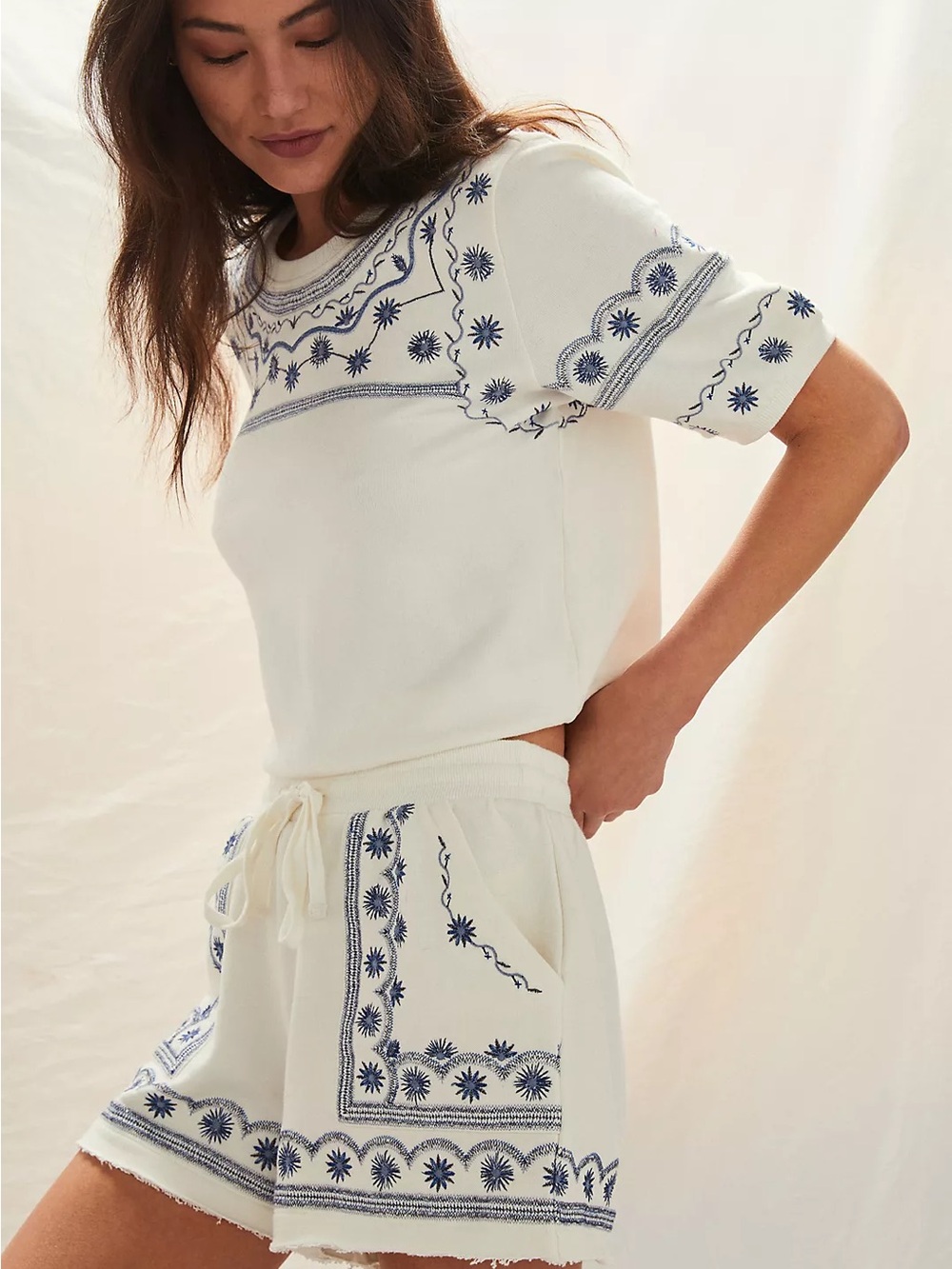 Daily Practice Anthropologie Lou Embroidered Lounge Shorts Ivory Blue M